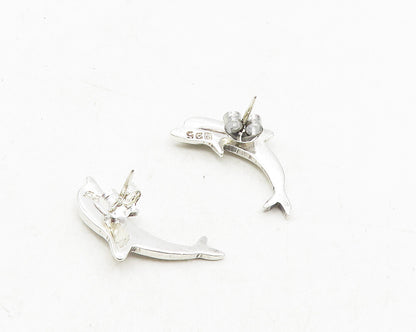 925 Sterling Silver  Vintage Shiny Leaping Dolphin Motif Drop Earrings  EG5248