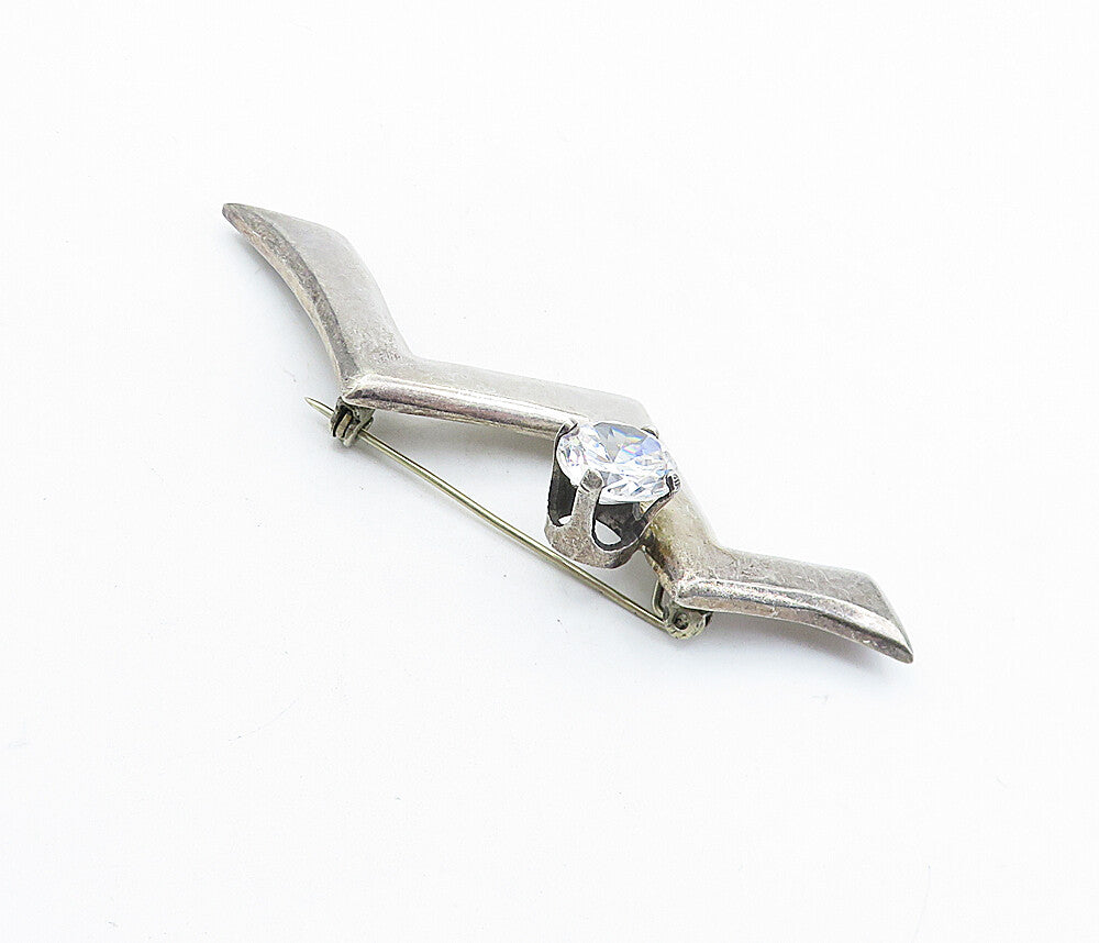 925 Sterling Silver Vintage Cubic Zirconia Zig Zag Design Brooch Pin BP2341