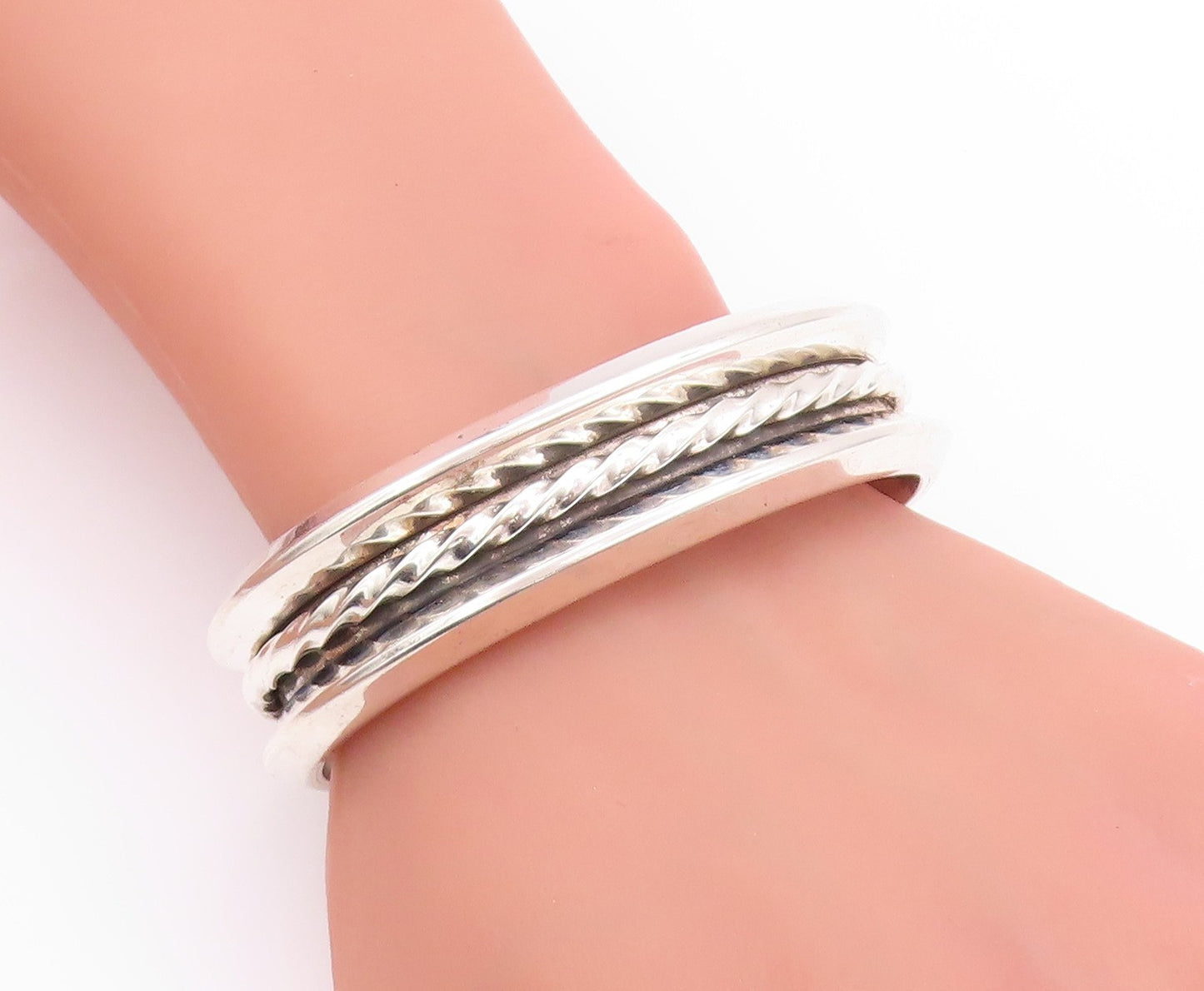 925 Sterling Silver Vintage Bracelet ZUNI Solid Twisted Rope Band Cuff  BT11228