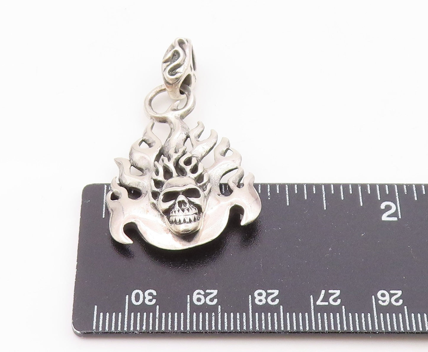 925 Sterling Silver  Vintage Skeleton Head & Fire Flames Pendant  PT18614
