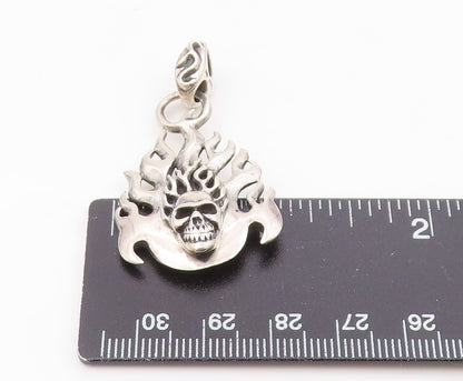 925 Sterling Silver  Vintage Skeleton Head & Fire Flames Pendant  PT18614