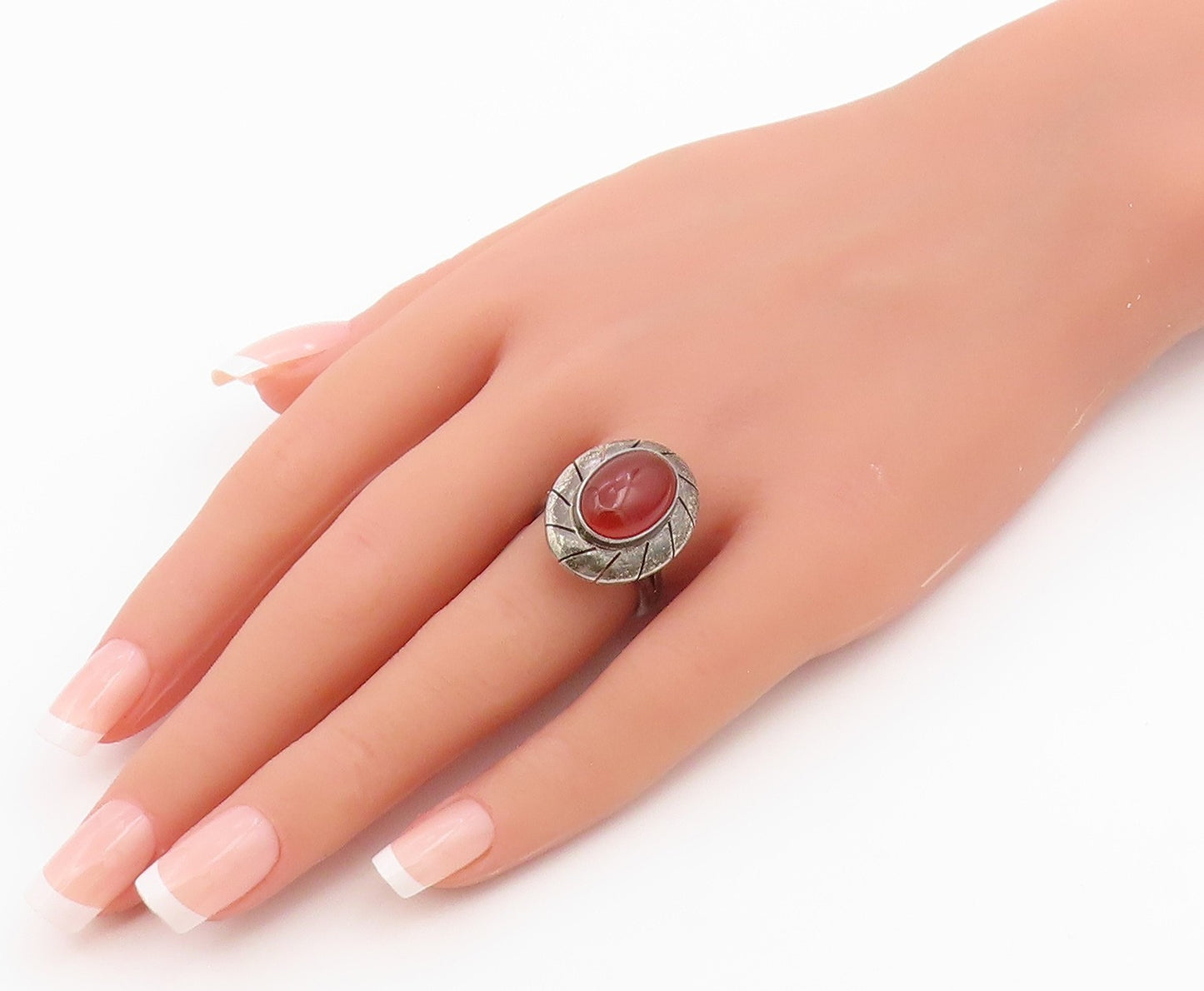 925 Sterling Silver Vintage Ring CII Mexico Cabochon Carnelian Band Sz 7 RG36511