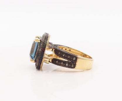 925 Sterling Silver Vintage Ring Gold Plated Diamonds & Blue Topaz Sz 6  RG29918