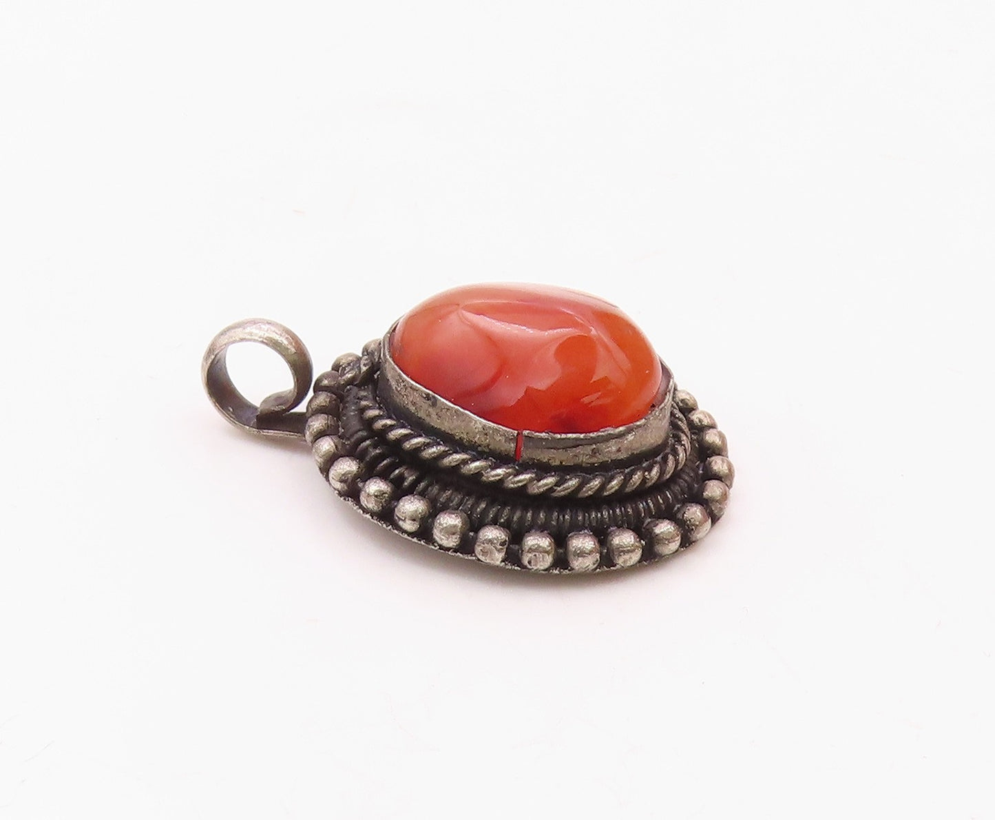 925 Silver  Vintage Beaded & Twisted Rope Border Carnelian Pendant  PT20992