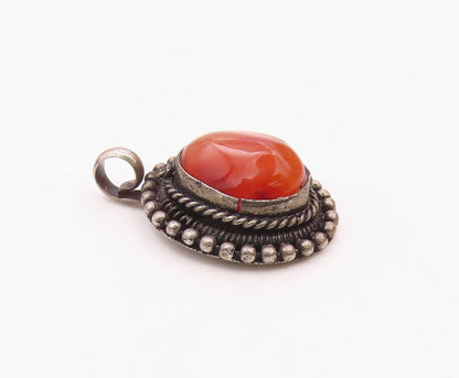 925 Silver  Vintage Beaded & Twisted Rope Border Carnelian Pendant  PT20992