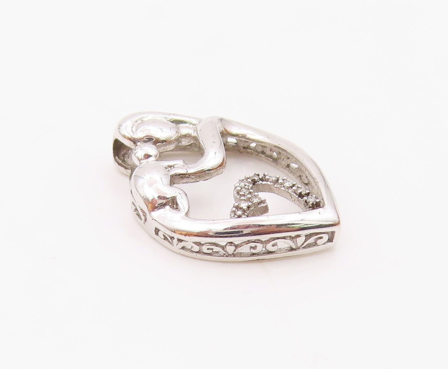 925 Sterling Silver  Genuine Diamonds Mom & Baby Love Heart Pendant  PT7849