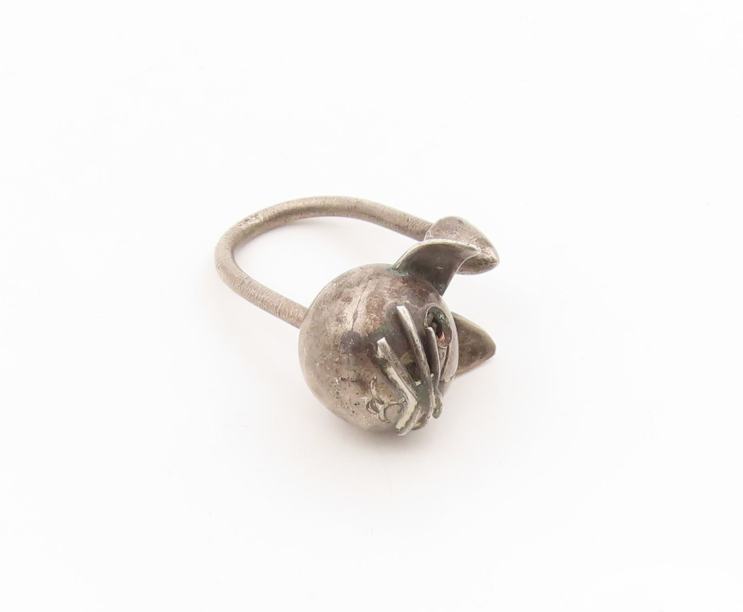925 Sterling Silver Vintage Keychain Carved Figural Feline Kitten Charm  TR4132