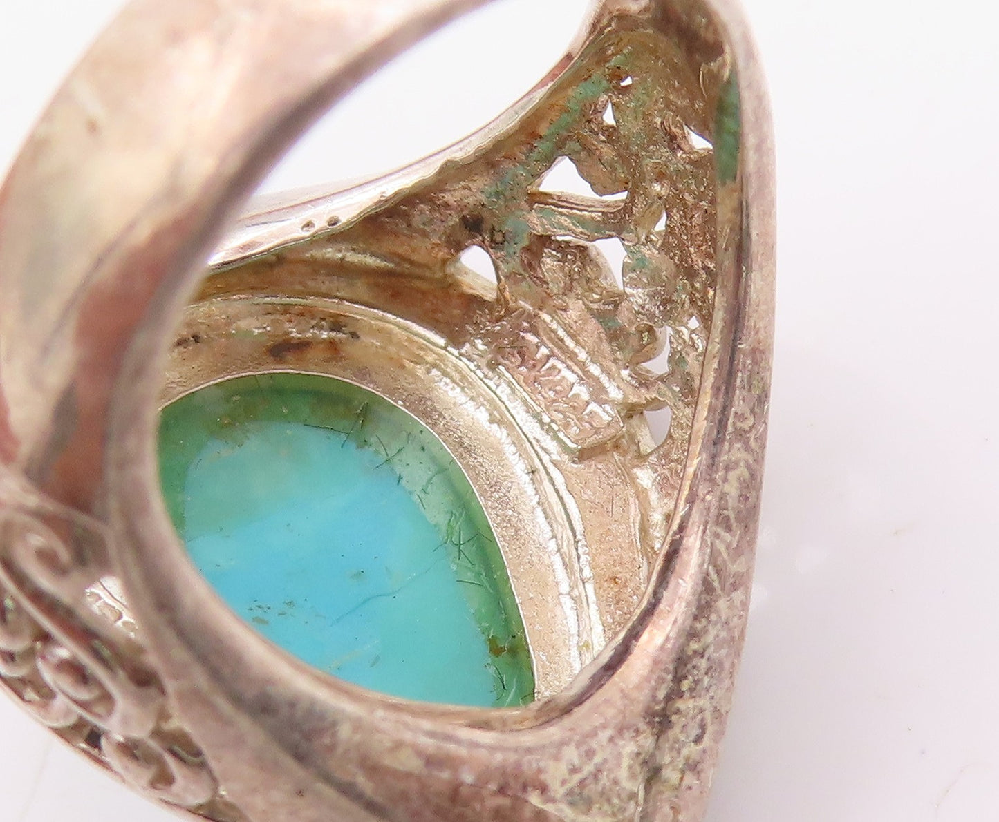 925 Sterling Silver Vintage Ring Drop Cut Turquoise Bead Border  Sz 6  RG33316