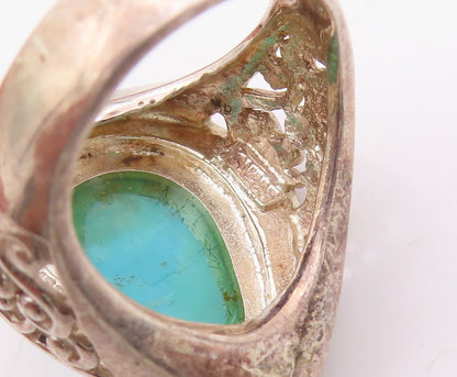925 Sterling Silver Vintage Ring Drop Cut Turquoise Bead Border  Sz 6  RG33316