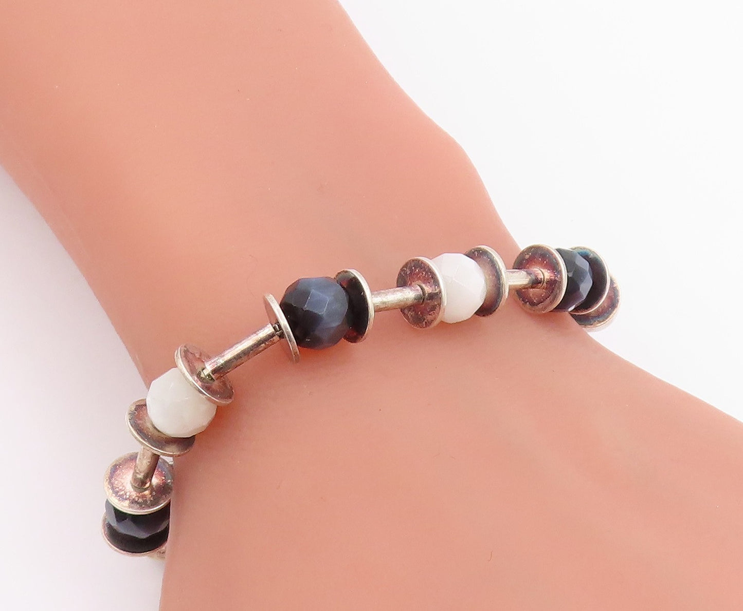 925 Sterling Silver Vintage Bracelet Faceted Quartz Elegant Bead Chain  BT11855