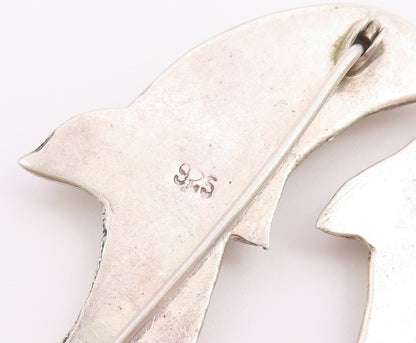 925 Sterling Silver  Vintage Shiny Smooth Swimming Dolphins Brooch Pin  BP6694