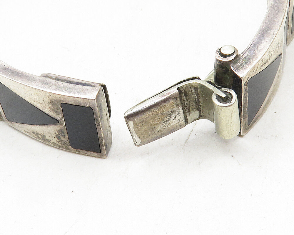 MEXICO 925 Sterling Silver  Vintage Inlaid Black Onyx Chain Bracelet  BT4456