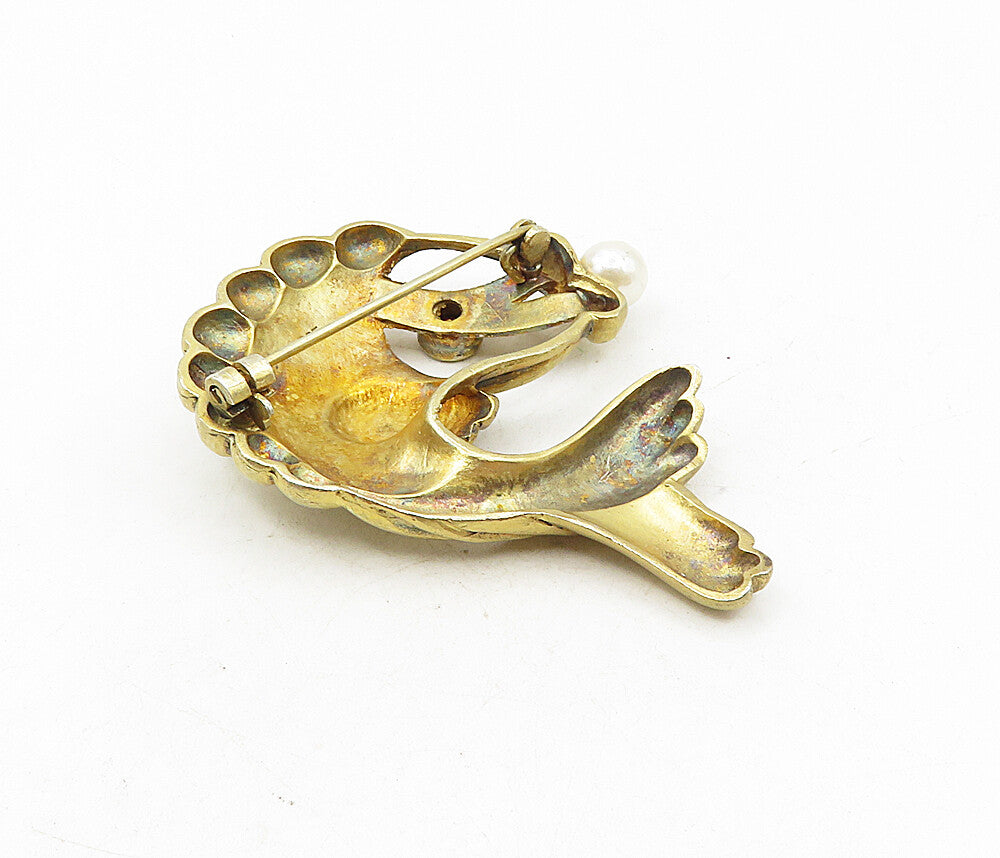 925 Sterling Silver  Vintage Red Topaz & Pearl Fish Motif Brooch Pin  BP3367