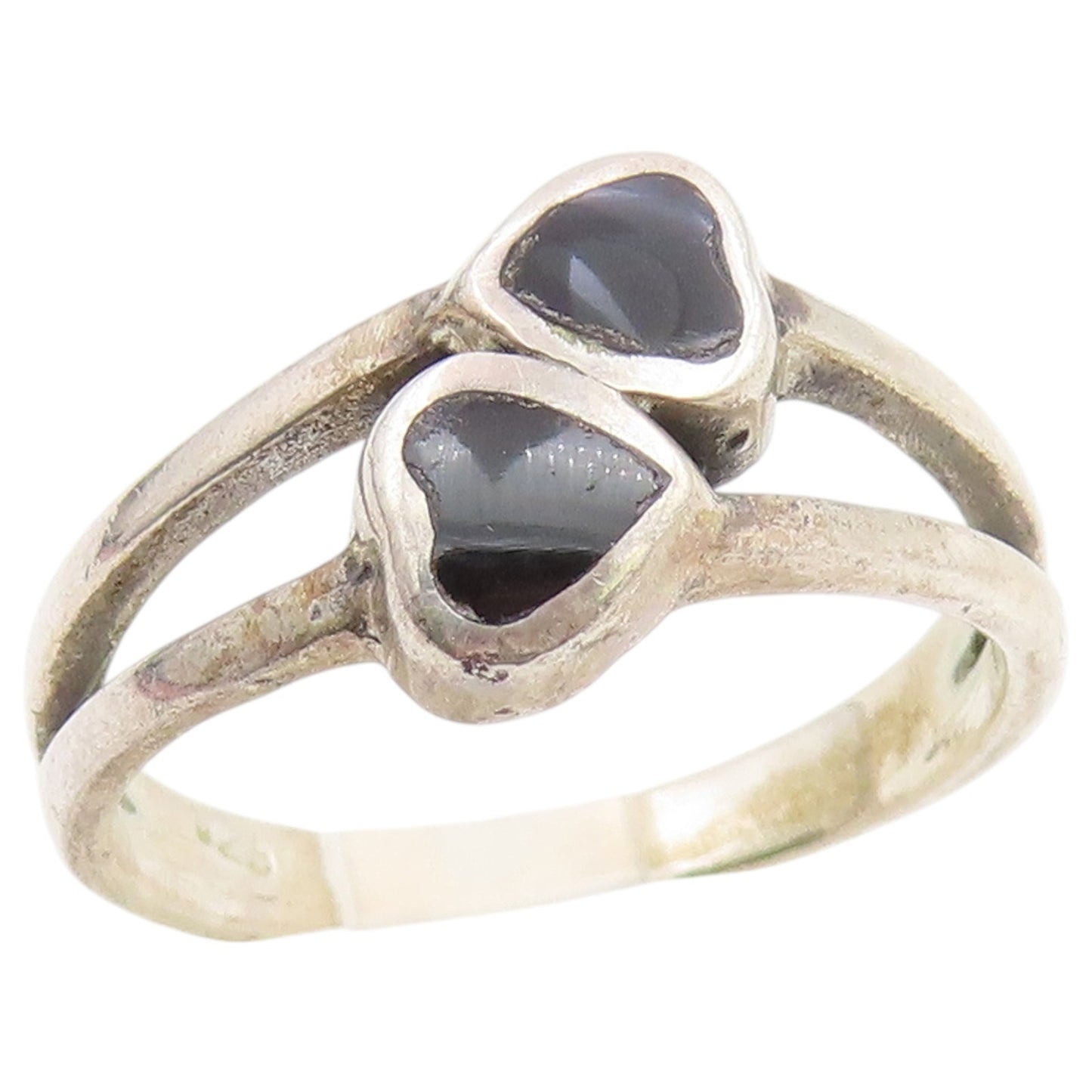 925 Sterling Silver Vintage Ring Black Onyx Double Love Heart  Sz 7.5  RG36859