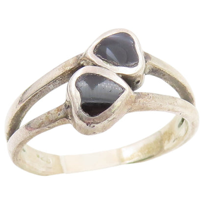 925 Sterling Silver Vintage Ring Black Onyx Double Love Heart  Sz 7.5  RG36859