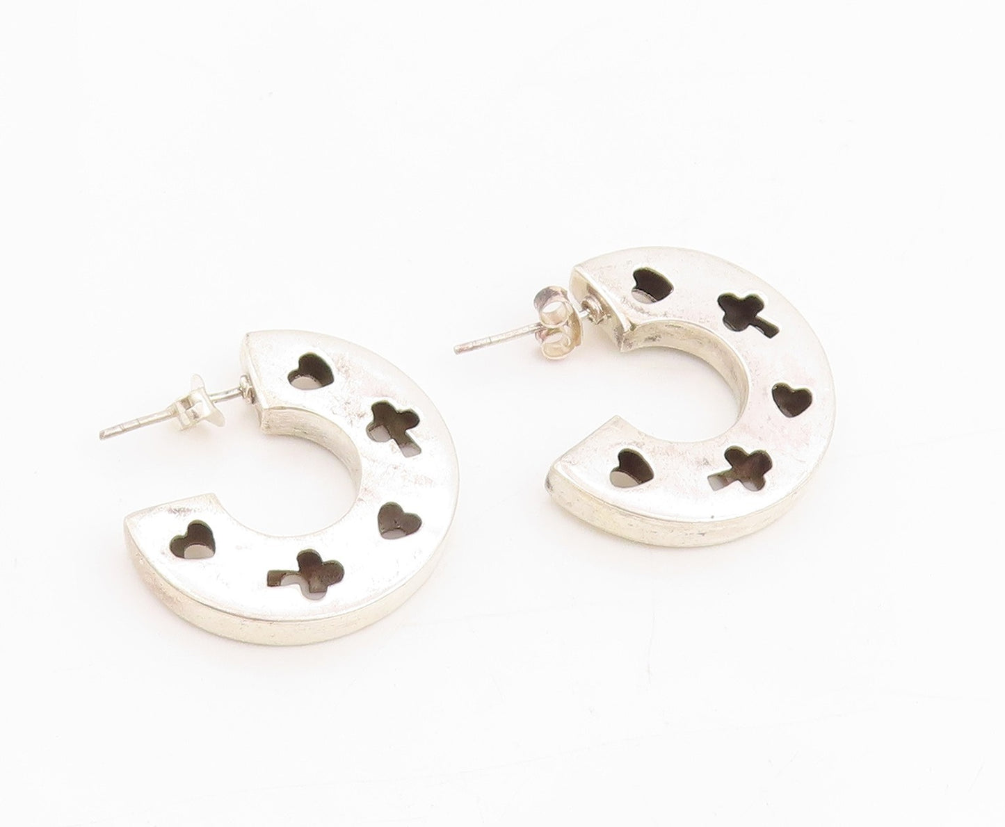 925 Sterling Silver Vintage Earrings Love Heart & Clover Cut Out Hoops  EG13754