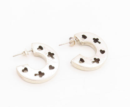 925 Sterling Silver Vintage Earrings Love Heart & Clover Cut Out Hoops  EG13754
