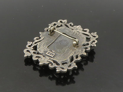 925 Sterling Silver  Vintage Black Onyx Floral Vine Border Brooch Pin  BP9304
