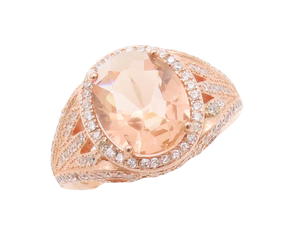 925 Sterling Silver Vintage Ring Rose Gold Plated Morganite & CZ  Sz 7  RG29473