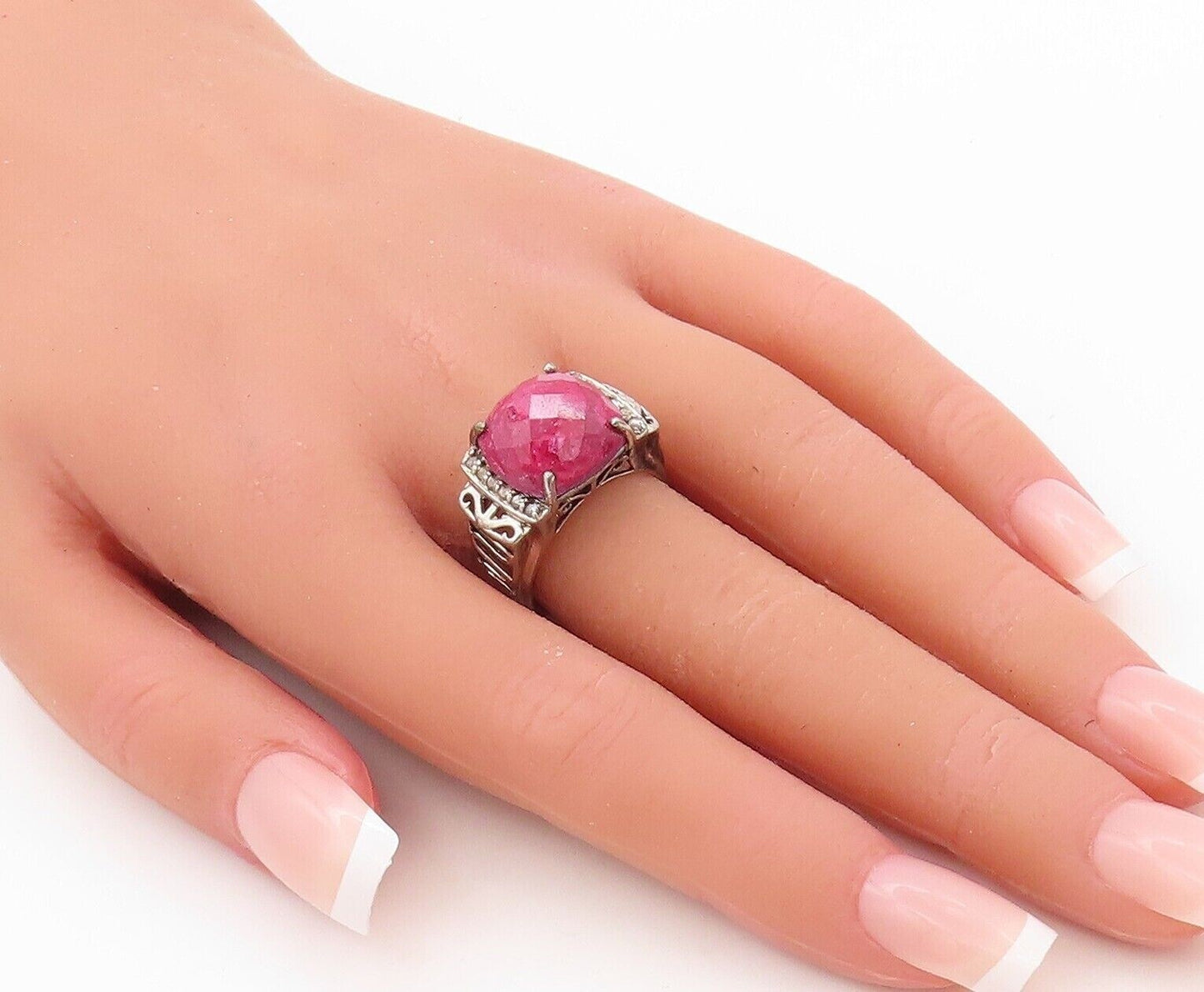 925 Sterling Silver Vintage Ring Diamonds Inlay Square Cut Ruby  Sz 7.5  RG30210