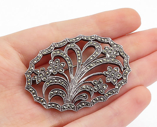925 Sterling Silver  Vintage Marcasite Blooming Flowers Brooch Pin  BP2578