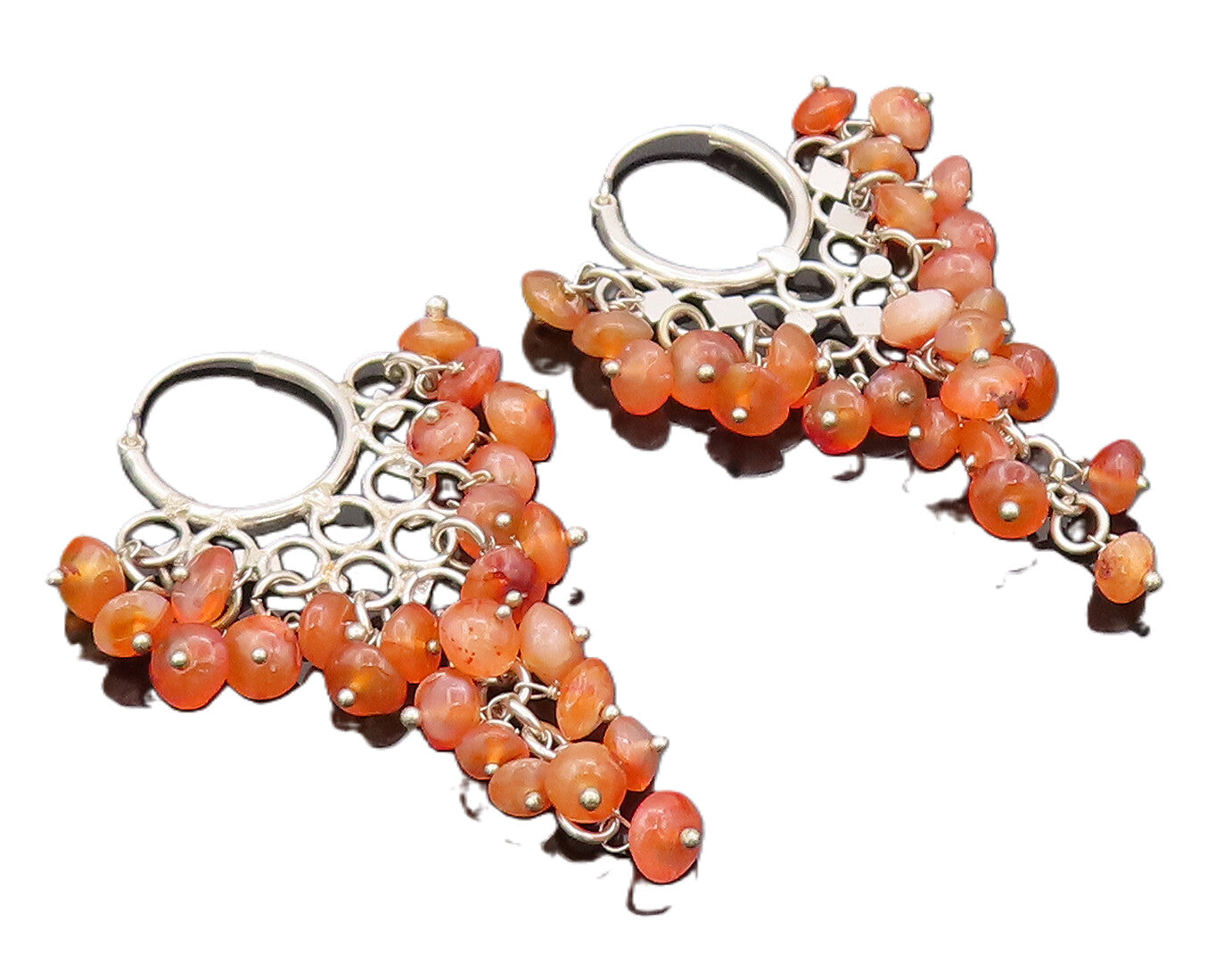 925 Sterling Silver Vintage Earrings Carnelian Beads Chandelier Hoops  EG12806