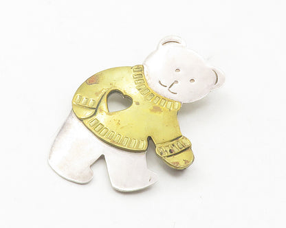 MEXICO 925 Silver  Vintage Two Tone Teddy Bear Love Heart Brooch Pin  BP4436