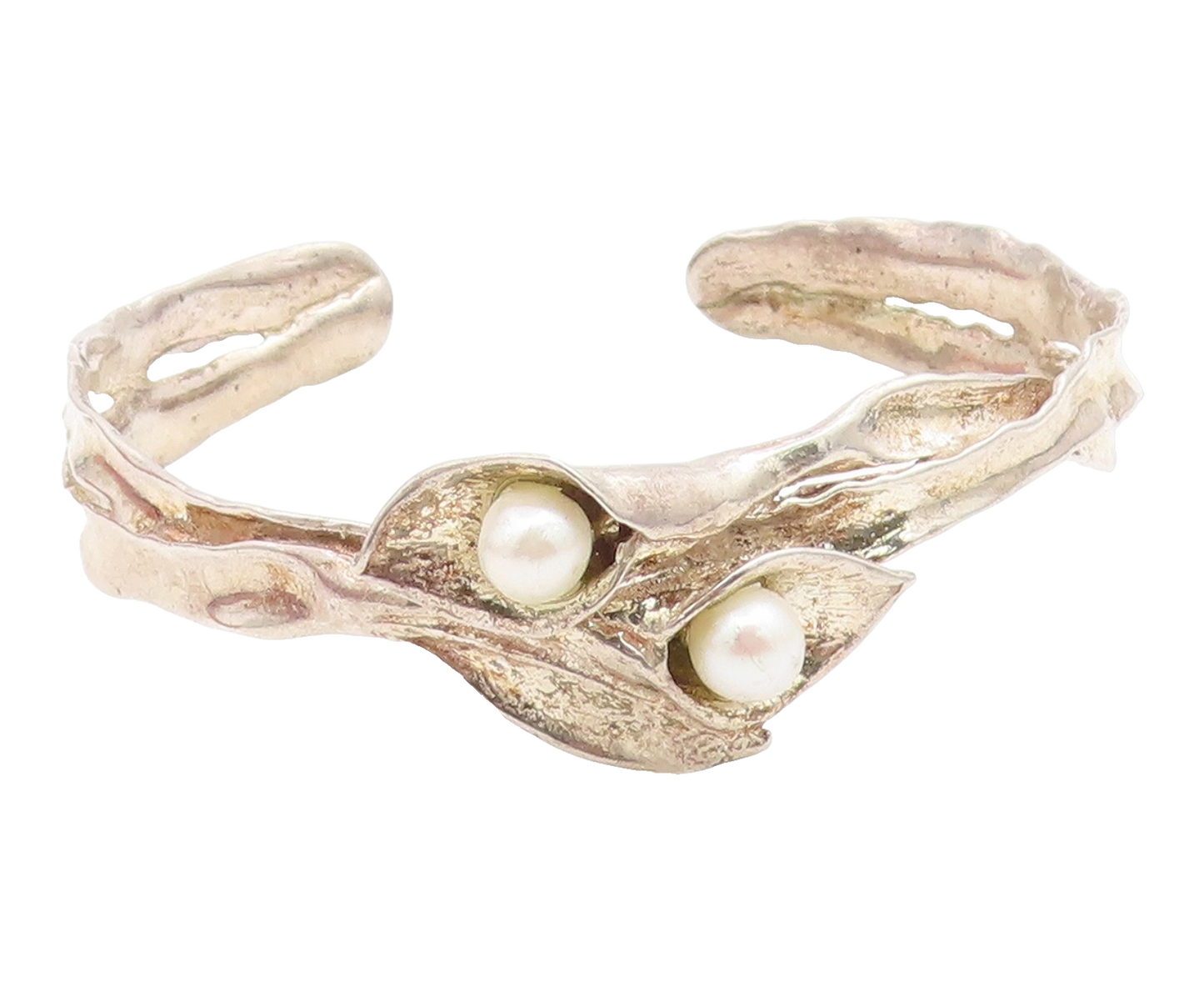 925 Sterling Silver Vintage Bracelet ISRAEL Pearl & Leaf Brutalist Cuff  BT11897