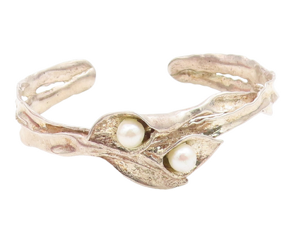 925 Sterling Silver Vintage Bracelet ISRAEL Pearl & Leaf Brutalist Cuff  BT11897