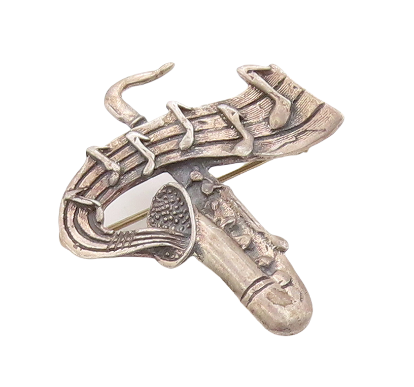 925 Sterling Silver Vintage Brooch Pin MEXICO 3D Miniature Saxophone  BP11211