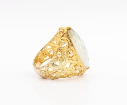 925 Sterling Silver Vintage Ring Gold Plated Floral Green Amethyst Sz 7  RG29036