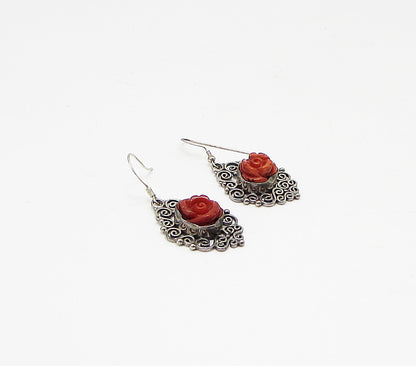 925 Sterling Silver  Vintage Sculpted Floral Filigree Dangle Earrings  EG1931