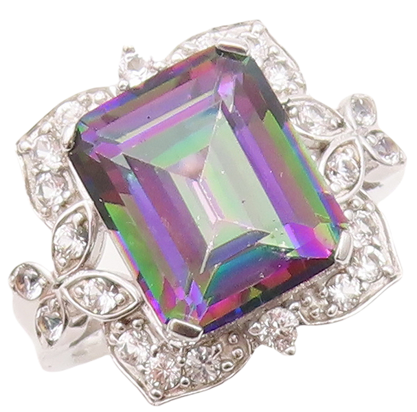 925 Sterling Silver Vintage Ring Mystic Topaz Floral Carved CZ  Sz 7.5  RG30232