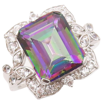 925 Sterling Silver Vintage Ring Mystic Topaz Floral Carved CZ  Sz 7.5  RG30232