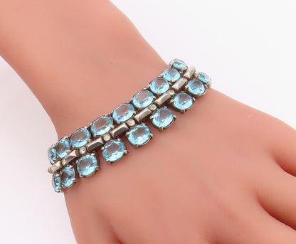 925 Sterling Silver Vintage Bracelet TRIFARI Blue Topaz & Sapphire Link  BT12112