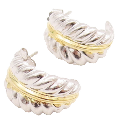 925 Sterling Silver Vintage Earrings Solid Carved Leaf Open Hoops  EG12994