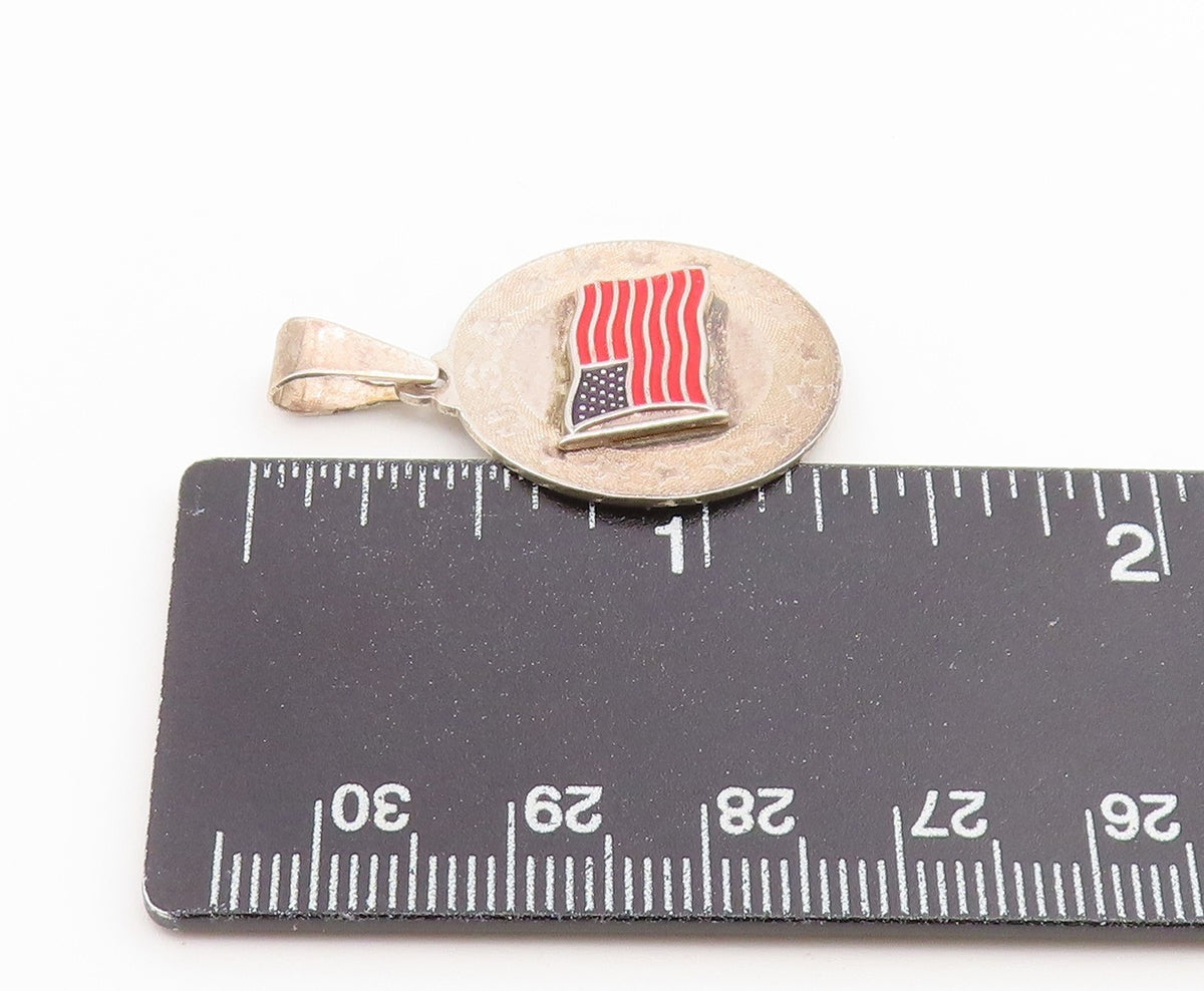 925 Sterling Silver Vintage Pendant Enameled US Flag Circle Medallion  PT26628