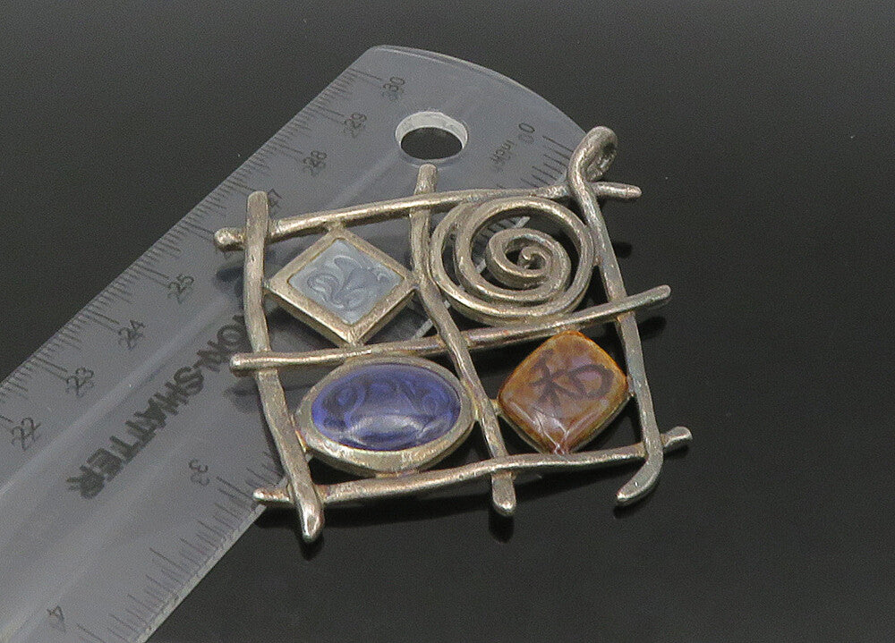 925 Sterling Silver  Vintage Enamel Detail Sculpted Grid Pendant  PT17976