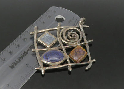 925 Sterling Silver  Vintage Enamel Detail Sculpted Grid Pendant  PT17976