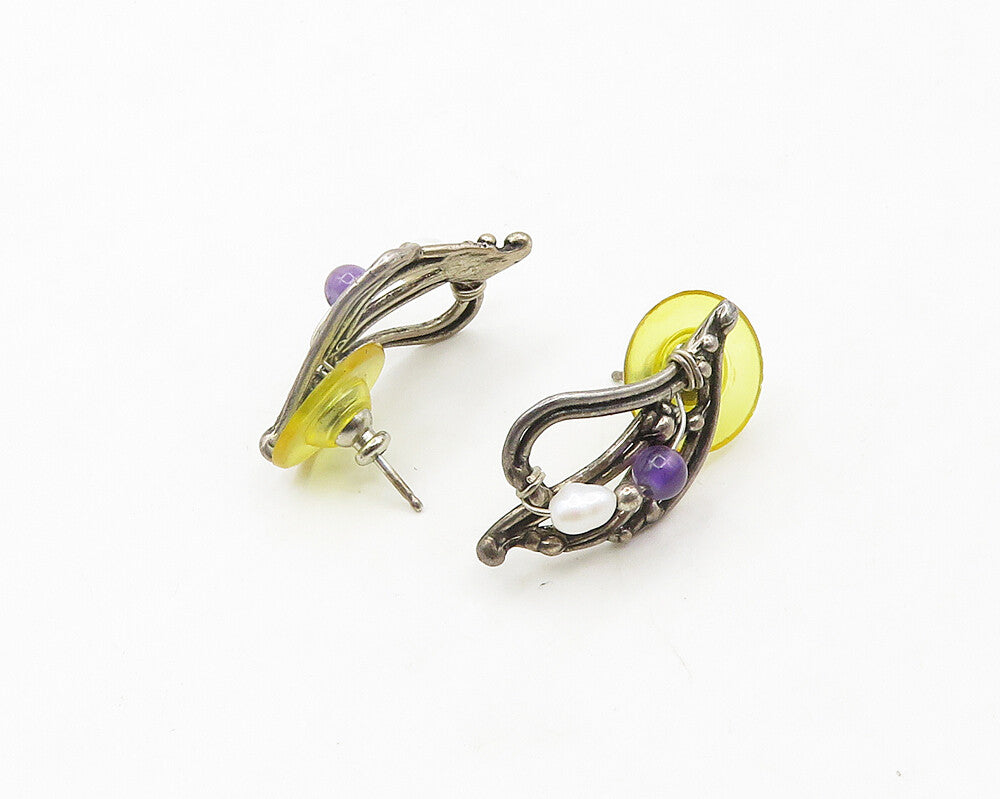 925 Sterling Silver  Vintage Petite Pearl & Amethyst Drop Earrings  EG9583