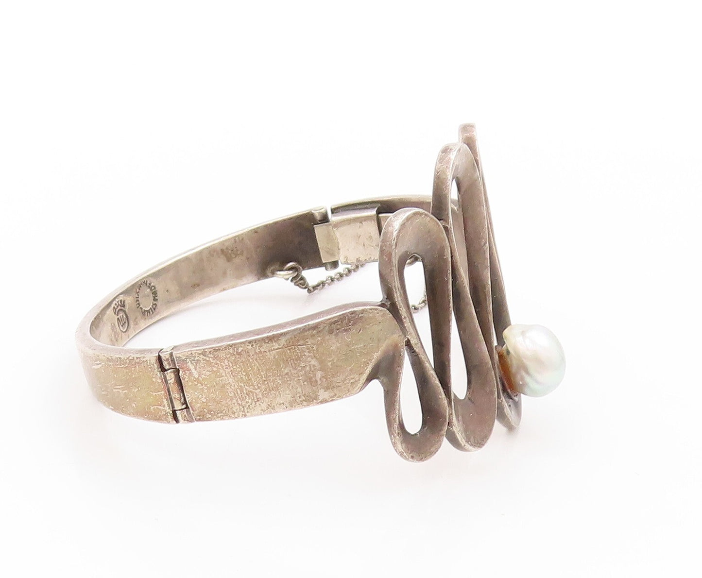 925 Sterling Silver Vintage Bracelet MIGUEL MELENDEZ TAXCO Pearl On Wave BT11033