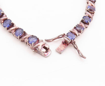 925 Sterling Silver Vintage Bracelet Oval Cut  Amethyst X Carved Links BT11254