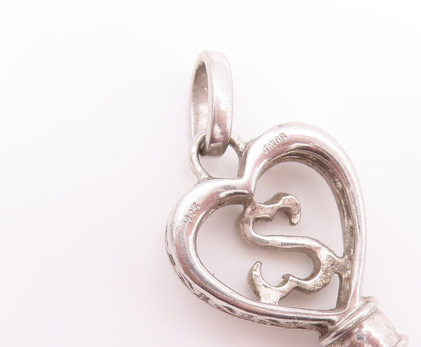 925 Sterling Silver Vintage Pendant Carved Black & White Diamonds Key  PT23085