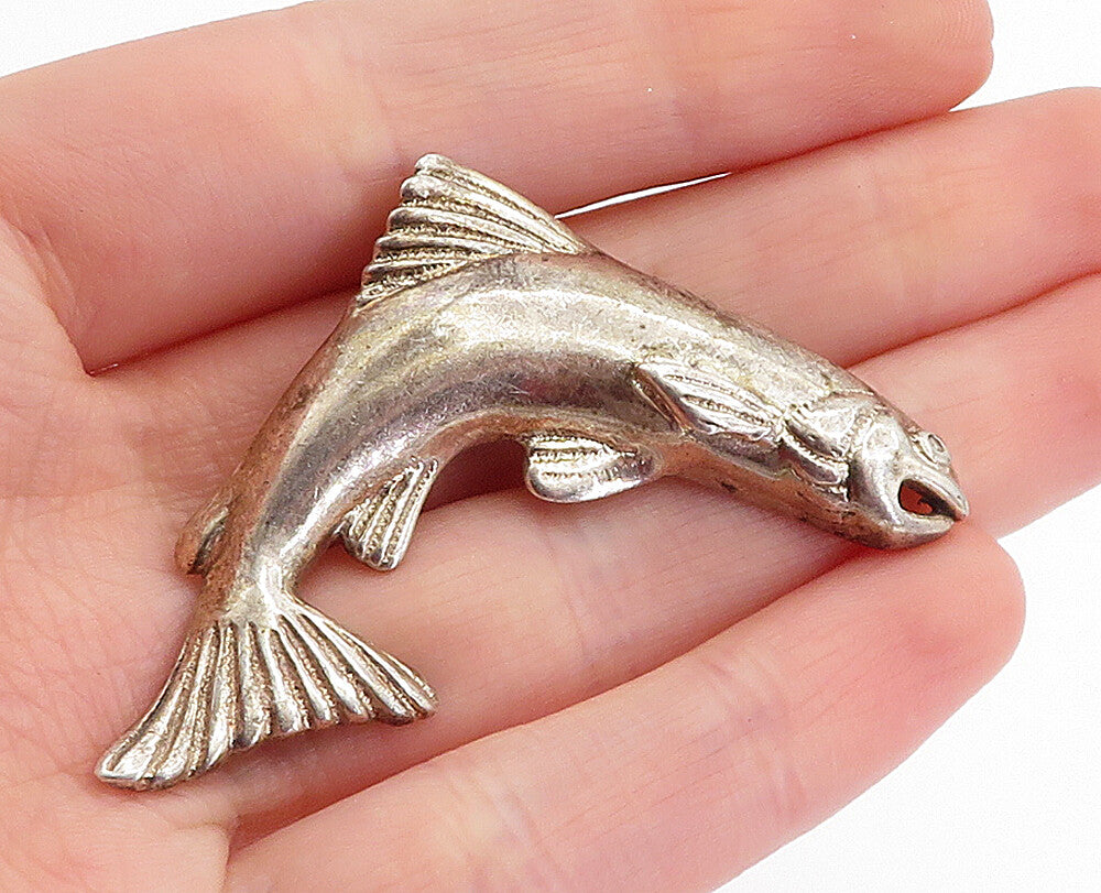 DESIGNER 925 Sterling Silver  Vintage Dark Tone Fish Motif Brooch Pin  BP1715