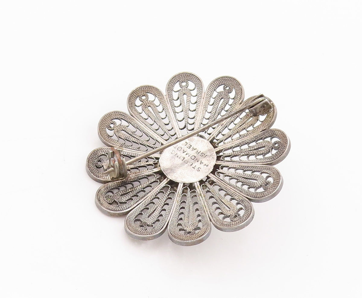 925 Sterling Silver Vintage Brooch Pin ISRAEL Dark Tone Filigree Flower  BP11566