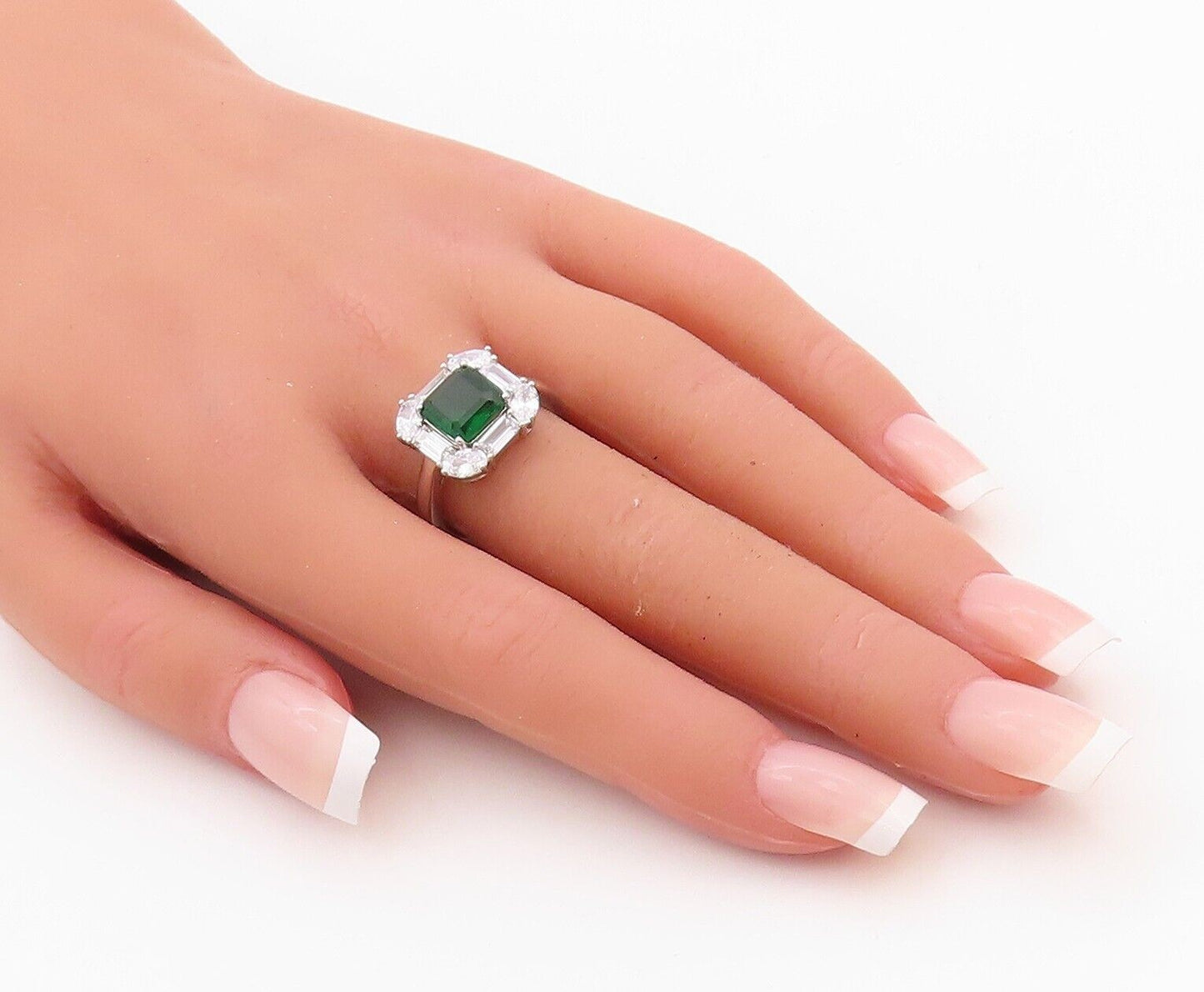 925 Sterling Silver Vintage Ring Square Green Halo White Topaz   Sz 7  RG30035