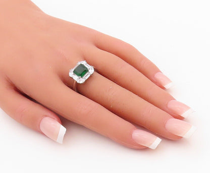 925 Sterling Silver Vintage Ring Square Green Halo White Topaz   Sz 7  RG30035