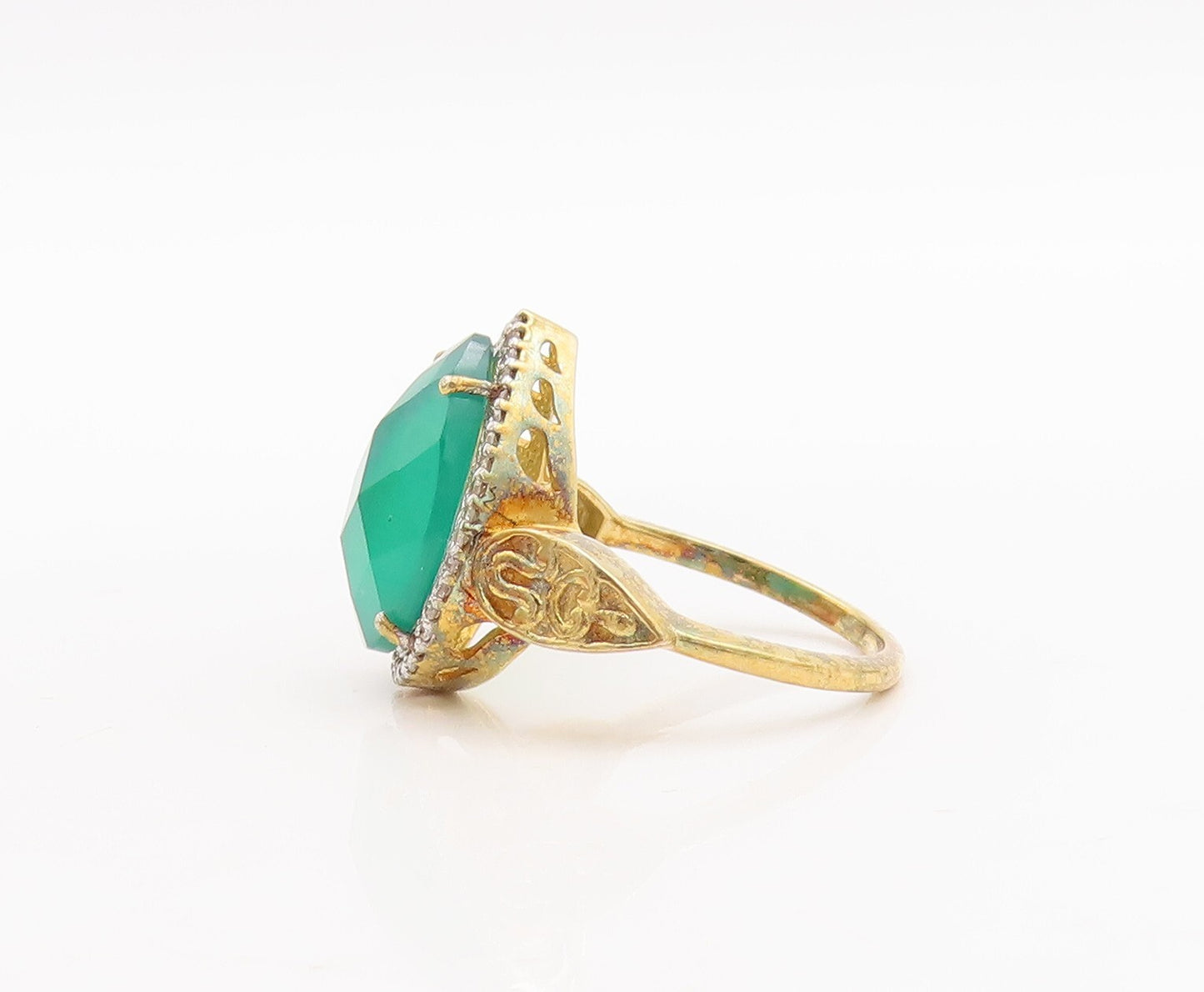 925 Sterling Silver Vintage Ring Gold Plated Diamond Green Gemstone Sz 8 RG29192