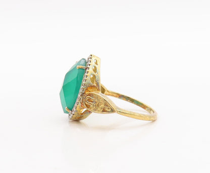 925 Sterling Silver Vintage Ring Gold Plated Diamond Green Gemstone Sz 8 RG29192