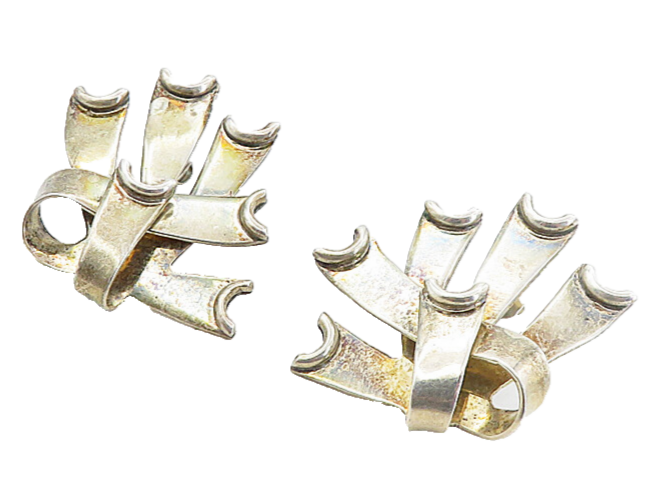 MEXICO 925 Sterling Silver  Vintage Shiny Ribbons Motif Drop Earrings  EG4023